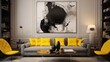 Use black and yellow abstract artwork to add visual interest to the walls.