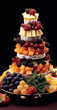 Food, Cheese and fruit tower, black background, garnished with strawberries, blackberries and grapes.