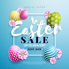 Sticker - Easter Sale Illustration with Colorful Painted Egg, Spring Flower and Rabbit Ears on Blue Background. Vector Religion Holiday Celebration Banner Design Template for Coupon, Banner, Voucher or