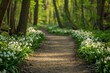 A serene path winding through a spring forest, lined with flourishing Leucojum vernum (Spring Snowflake) on either side.