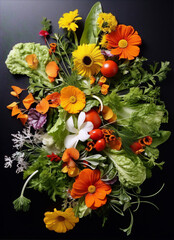 Still life of colorful flowers and lettuce leaves on a black background