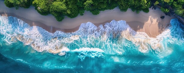 Wall Mural - Aerial view of wave crashing along the shore