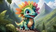 An enchanting baby dinosaur, its fluffy feathers gently ruffled by the mountain breeze, its large, colorful eyes gleaming with curiosity as it lets out a playful roar from the peak of a towering mount