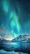 Breathtaking view of the Northern Lights dancing across a star-filled night sky, above a serene, snow-covered mountainous