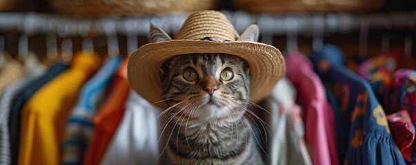 Wall Mural - Cat in a closet colorful summer clothes