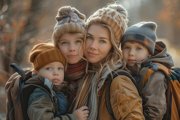 Wall Mural - Portrait of mother and her children outdoors in the woods.