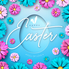 Sticker - Happy Easter Holiday Design with Spring Flower and Egg Symbol on Blue Background. International Religious Vector Celebration Illustration with Typography for Greeting Card, Party Invitation or Promo