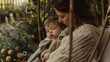 Mother with her toddler son in her lap, wrapped in a soft, knitted blanket on a garden patio swing. The scene is a perfect representation of cozy, hygge motherhood on a warm spring day.
