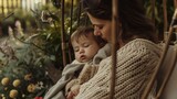 Fototapeta  - Mother with her toddler son in her lap, wrapped in a soft, knitted blanket on a garden patio swing. The scene is a perfect representation of cozy, hygge motherhood on a warm spring day.