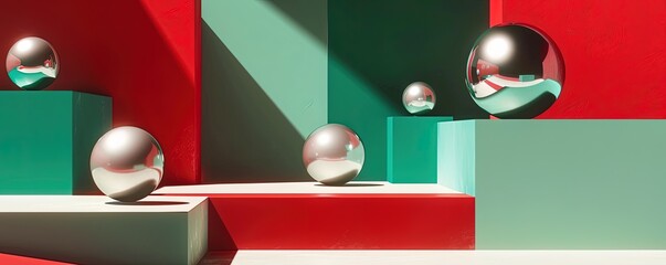 Wall Mural - Colorful geometric shapes of smooth and shiny spheres on steps of square platforms against red and green background