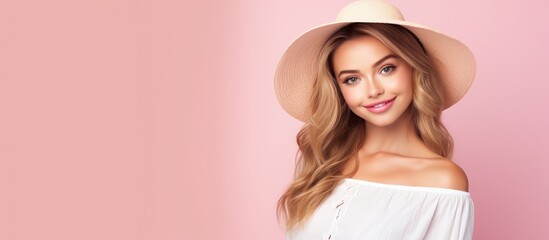 Wall Mural - A happy woman with a smile, wearing a fedora hat and a white shirt, is standing on a pink background, showing her eyelashes and sleeves