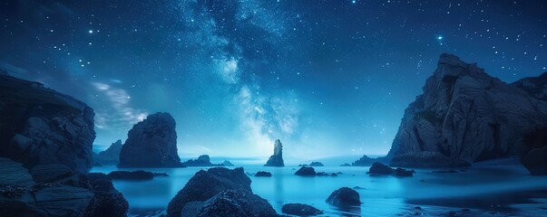 Wall Mural - picturesque landscape of mountain ridge near wavy sea under starry sky at night