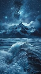 Wall Mural - picturesque landscape of mountain ridge near wavy sea under starry sky at night