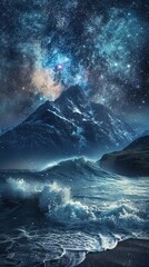 Wall Mural - picturesque landscape of mountain ridge near wavy sea under starry sky at night