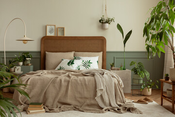 warm and cozy bedroom interior with mock up poster frame, boho bed, beige bedding, green wall with s