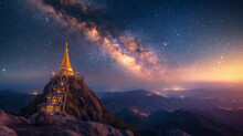 Temple Pagoda At The Top Of Stone Moutain, Gold Pagoda In The Night Time With The Night Sky And Milky Way