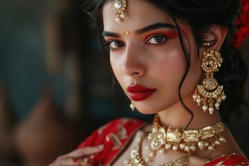 Poster - Elegant Indian woman adorned with gold jewelry. Fictional character created by Generated AI. 