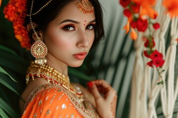 Elegant Indian woman adorned with traditional jewelry. Fictional character created by Generated AI. 