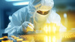 close-up of a worker in a technical laboratory or during semiconductor production. scientist working at the laboratory