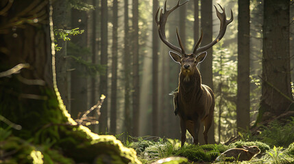Wall Mural - a majestic stag, stands calmly and regally in the mystical black forest.