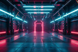 Fototapeta Perspektywa 3d - Science fiction scenes, neon lit channels. AI technology generated image