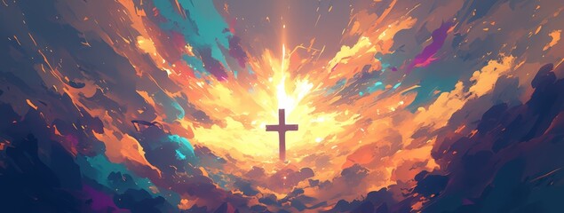 Poster - A cross radiating light in the sky, symbolizing hope and spiritual connection, surrounded by swirling clouds of mystery and mysticism. 