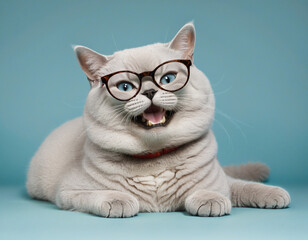 Poster - a chuckling british shorthair cat with round glasses laying down isolated on a transparent background