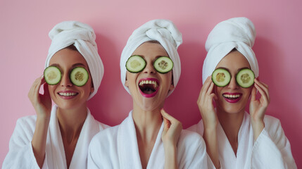 Sticker - Three women in white robes with towels on their heads and cucumber slices over their eyes having fun at a spa party