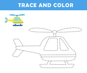 Wall Mural - Trace and color for children. Handwriting practice. Coloring page for kids. Preschool worksheet with cute helicopter illustration.	