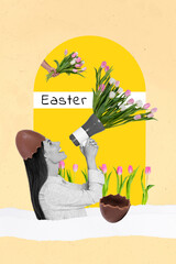 Sticker - Design picture collage of young girl april spring season easter holiday announcement megaphone bunch tulips isolated on yellow background