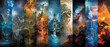 A panoramic artwork of diverse mythical and fantastical landscapes depicting different worlds and elements