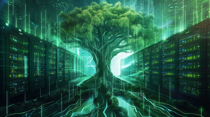 Tree growing in a data center, illustration for green ecological data server storage, sustainable internet network, cloud technology, eco tech, concept of digital economy powered by renewable energy