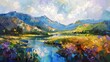 This dynamic artwork captures a serene mountainous scene with vivid colors and impasto technique creating a sense of depth and movement