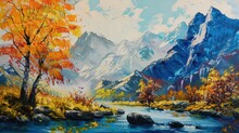 An Artistic Depiction Highlighting The Beauty Of Autumn With Vibrant Trees, A Serene River, And Majestic Mountains In The Background Perfect For Seasonal Themes
