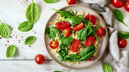 Poster - Orzo Salad with Tomatoes and Spinach on a Rustic Wooden Table