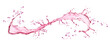Realistic pink water swirl splash with splatters, juice or wine long wave flow, isolated vector. Transparent pink water explosion in long wave spill or pour for fruit juice drink or sweet berry syrup