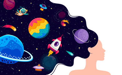 Wall Mural - woman with galaxy space hair. cosmos adventure, outerspace discovery or astronomy flight cartoon vec
