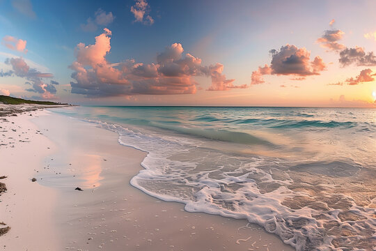 Beautiful sunset on the beach with soft waves and pastels colors