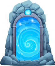 Magic Portal Door For Fantasy Game, Gate In Stone Rock Arch With Blue Plasma, Cartoon Vector. Portal Door Or Parallel World Entrance For Time And Space Teleport, Mystery Doorway Portal In Cave