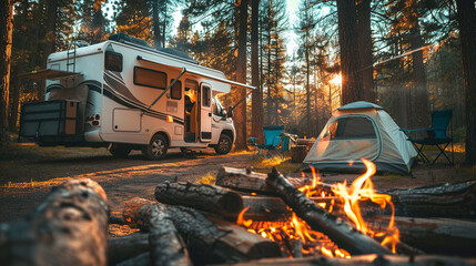 Family vacation in the forest in summer and spring, travel on vacation in a motorhome, vacation in a campervan.