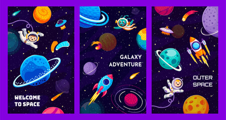 Wall Mural - Galaxy space posters with kid astronauts, alien and space rocket in galaxy planets landscape. Cartoon vector vertical cards with interstellar exploration, imaginative playful cosmic adventure and trip