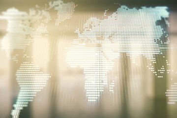 Wall Mural - abstract creative digital world map on modern interior background, globalization concept. multiexpos