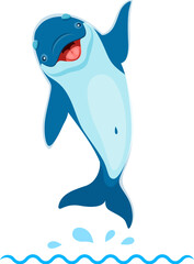 Wall Mural - Cartoon dolphin character leaps joyfully, waving its fin with a vibrant smile. Vector playful underwater personage, expressive energetic, and charming porpoise embodies a sense of happiness and fun