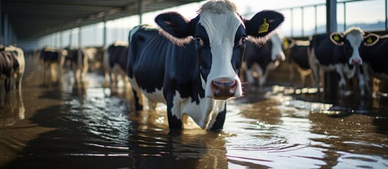 Wall Mural - Dairy cows stood in a modern facility, as machines efficiently handle the milking operations