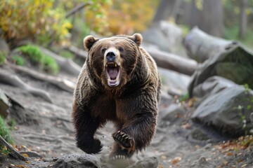 Wall Mural - angry running grizzly bear in the forest