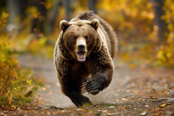 angry running grizzly bear in the forest