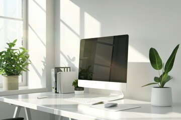 Wall Mural - A computer monitor on a white desk, perfect for office or technology concepts