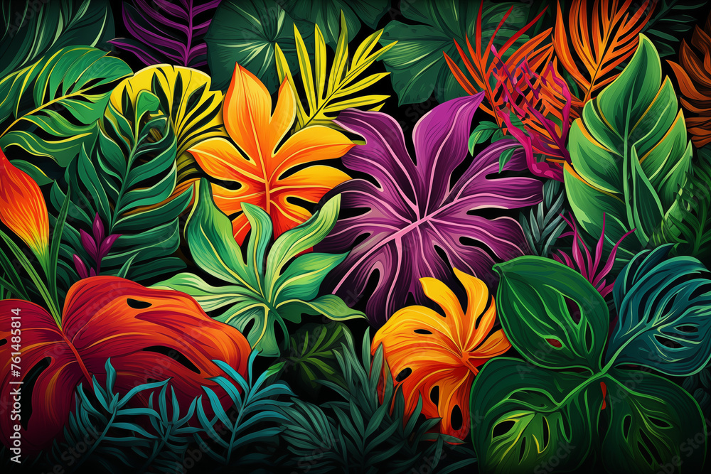 Vector illustration of a lush tropical leaves background, including ...