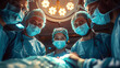 A team of surgeons, wearing scrubs, surgical masks, and caps, is gathered intently over a patient. They work under the bright lights of an operating theater, cooperating quietly during a critical stag