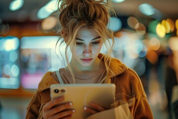 Poster - Woman looking at a tablet computer in a busy shopping mall. Suitable for technology and retail concepts